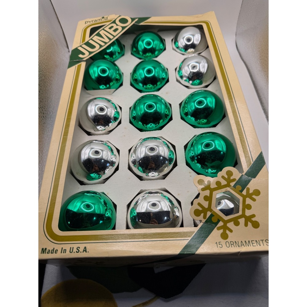 Vintage‎ Pyramid Large Glass Christmas Ornaments Green Silver Set of 15 USA Made